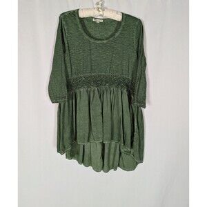 Indigo Thread Co Tunic S Women’s Green Tiered Top Smocked Waist 3/4 Sleeves Boho
